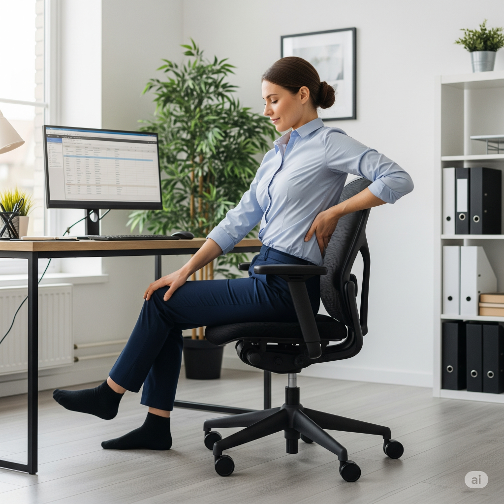 Dicas de pilates para prevenir dores na lombar no escritório.